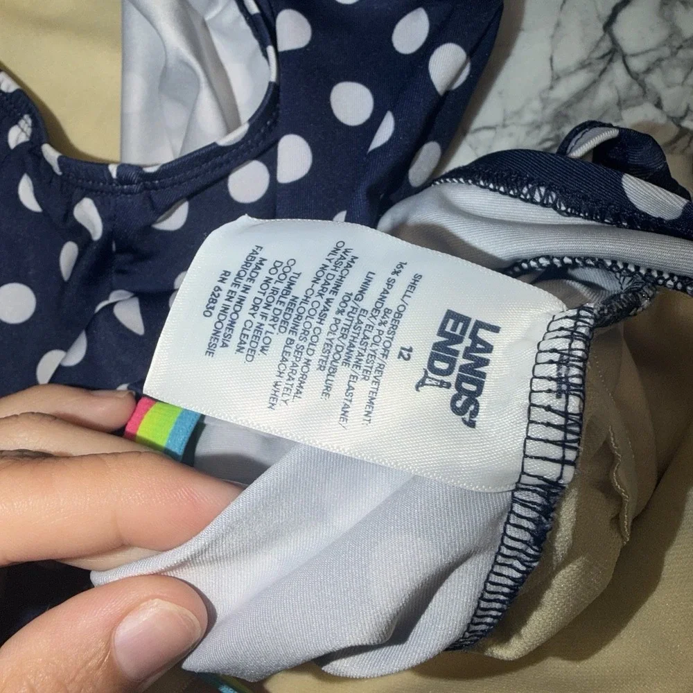 Lands End Girls Size 12 Polka Dot Swimsuit One Piece Navy Blue Rainbow Strap